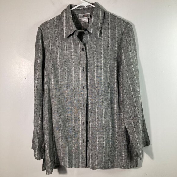 Womens Style & Co Collection Linen Button Shirt Gray Black White 10 Long Sleeve - Picture 1 of 8